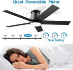 wurzee 52" Flush Mount Low Profile Ceiling Fan, Black,6 Speeds DC Reversible Motor,Timing, Dimmable for Indoor, Patio,Porch, Garage, Shop