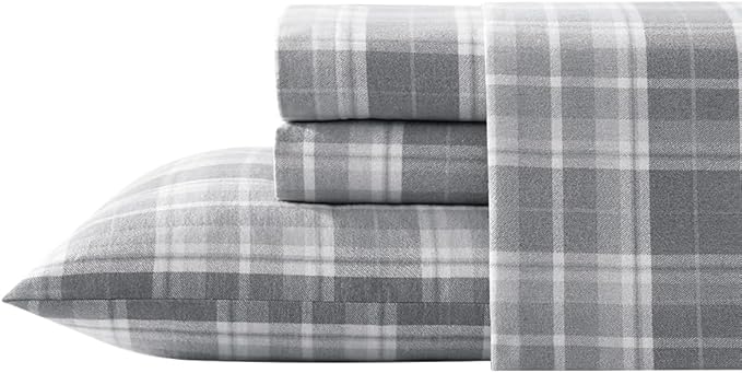 Laura Ashley - Flannel Sheets Queen Size, Anti-Pilling & Wrinkle Resistant Cotton, Touchably Soft for All-Season Comfort - Bed Sheets with Matching Pillowcases & Fitted Sheet (Mulholland Plaid Grey)