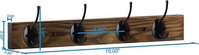Coat Hooks Wall Mounted, Wooden Hat Rack with 4 Hooks for Entryway, Bathroom,Bedroom (3 Pack,Brown)