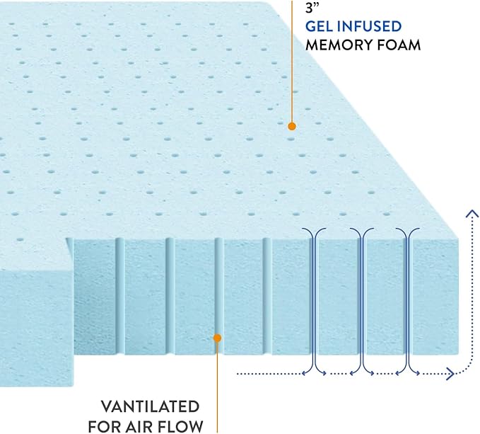 Best Price Mattress 3 Inch Ventilated Memory Foam Mattress Topper, Cooling Gel Infusion, CertiPUR-US Certified, Dorm Essentials, Queen