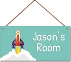 Personalized Rocket Sign For Boys Bedroom Aerospace Themed For Kids Room Door Decor,Custom Name Blue Sky Wall Decor Decorative Plate for Nursery Girls Room