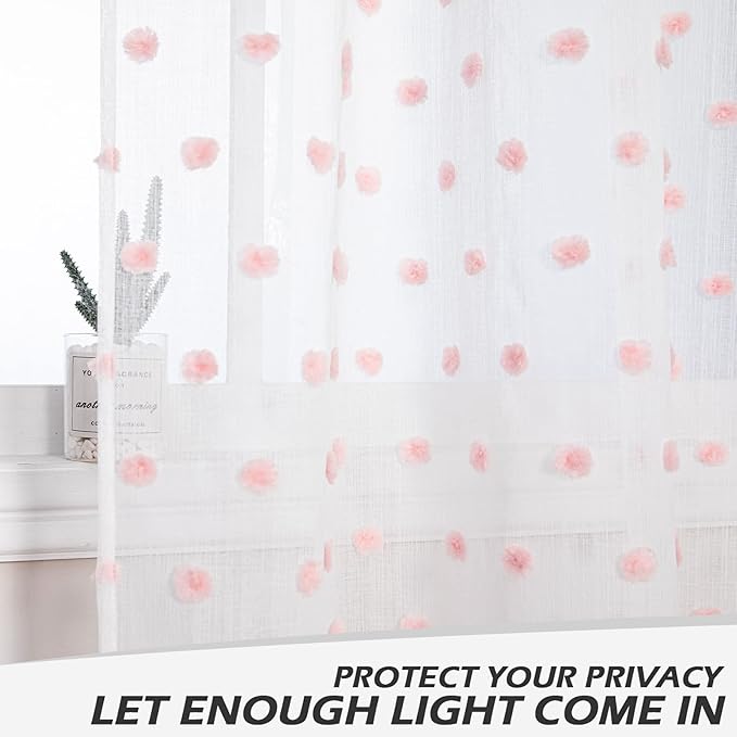 MYSKY HOME Pom Pom Sheer Curtains for Girls' Bedroom & Nursery - Pink, 72 Inch Long, 2 Panels, Light Filtering, Rod Pocket, Semi Window Drapes, 38 x 72 inch