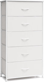 Crestlive Products Tall Dresser for Bedroom Vertical Storage Tower - Wide Fabric Dresser & Chests of Drawers for Closet, Hallway, Entryway w/Wood Top, Easy Pull Fabric Bins - 5 Drawers(White)
