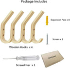 Wooden Coat Hooks Wall Hooks,Natural Oak Wood Hooks Decorative Vintage Wood Wall Hooks Organizer Heavy Duty Wall Mounted Hooks for Hanging Coats, Key, Cap, Cup (4 Pack)