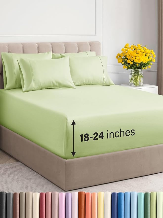 Extra Deep Queen Sheet Set - 6 Piece Breathable & Cooling Sheets - Hotel Luxury Bed Sheets Set - Easy & Secure Fit - Soft, Wrinkle Free & Comfy Sheets Set - Light Sage Sheet Set w/Extra Deep Pockets