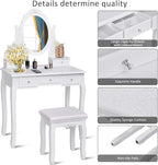 Giantex Vanity Set with Oval Mirror & Cushioned Stool, Makeup Dressing Table Large Storage with 5 Drawers, Mirrored Bedroom Vanities Makeup Table for Kids Girls Women, Easy Assembly (White)