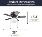 Prominence Home Hero, 28 Inch Traditional Flush Mount Indoor LED Ceiling Fan with Light, Pull Chain, Dual Finish Blades, Reversible Motor - 51655-01 (Bronze)
