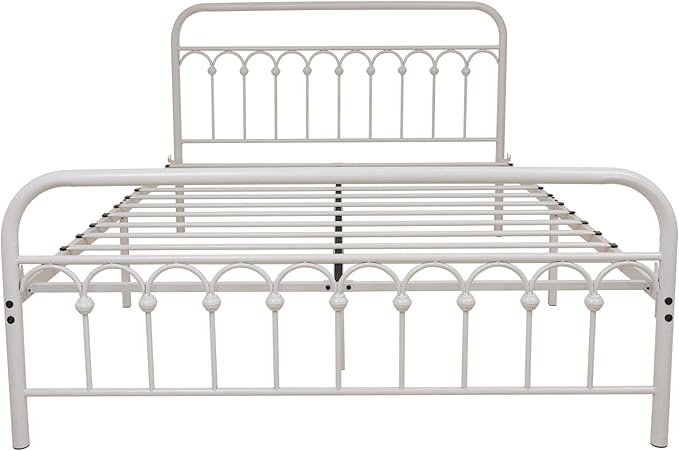 TUSEER Metal Bed Frame Queen Size with Vintage Headboard and Footboard Platform Base Wrought Iron Bed Frame (Queen,White)