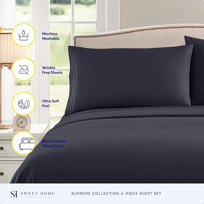 Split King Sheets - Breathable Luxury Sheets with Full Elastic & Secure Corner Straps Built In - 1800 Supreme Collection Extra Soft Deep Pocket Bedding Set, Sheet Set, Split King Size, Navy