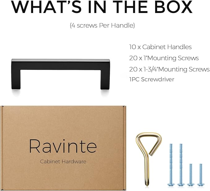 Ravinte 10 Pack Solid Kitchen Cabinet Handles Matte Black Cabinet Pulls Slim Drawer Pulls with 3-3/4 Inch Hole Center Square Bar Kitchen Cabinet Hardware
