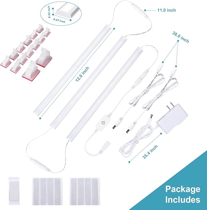 Under Counter Lights for Kitchen, 3 Packs x 12 Inch Dimmable LED Under Cabinet Lighting, Cold White 6000K, Plug-in Under Cabinet Lights with Memory Function