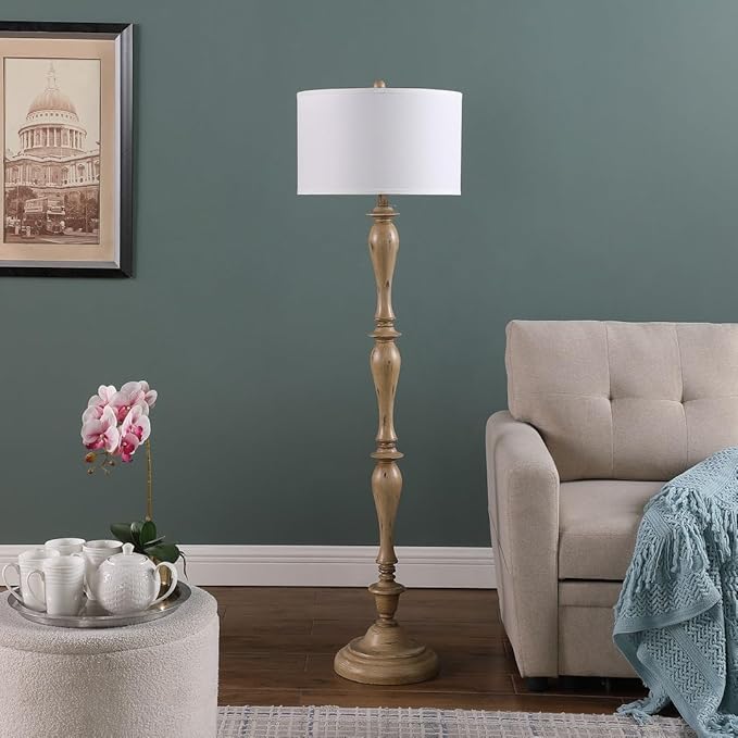 Design Floor Lamp Reading Light with Linen Shade, 61.5" Resin Farmhouse Floor Lamp, Vintage Standing Lamp for Living Room Bedroom Office (Brown 1 Pack)