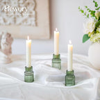 Hewory Glass Taper Candle Holders: 10 PCS Green Vintage Candle Holder Candlestick Holders Bulk, Ribbed Glass Candle Holder Candle Sticks Holder Decor for Table Centerpiece Wedding Christmas Home Decor