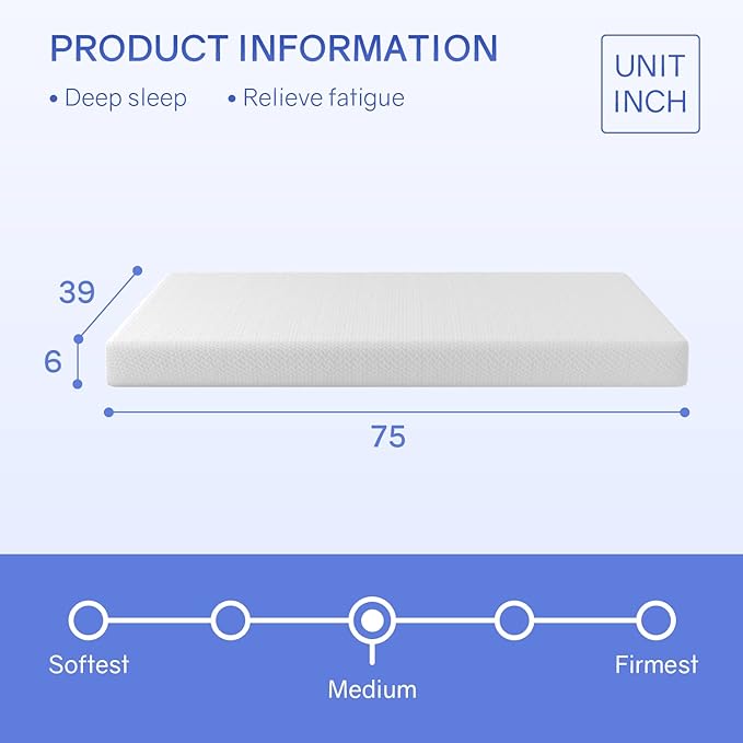 PayLessHere 6 Inch Twin Green Tea Cooling Gel Memory Foam Mattress Twin Size in a Box,Medium-Firm,Pressure Relief&Temperature Regulation,CertiPUR-US Certified,White
