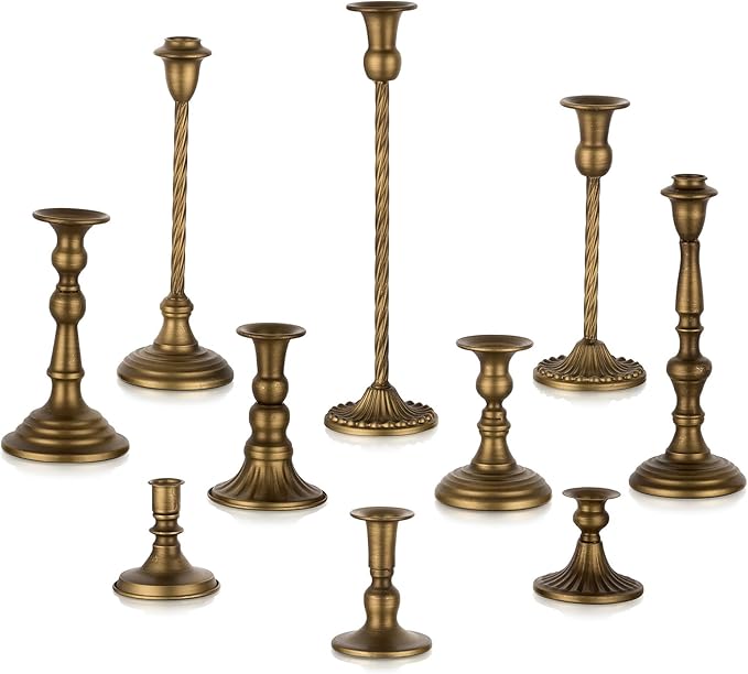 Gold Candlestick Candle Holders: Tall Taper Candles Stick Holder Wedding Decor Set of 10 Dinning Table Centerpiece Vintage Metal Candle Stand