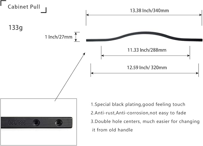 Goo-Ki Modern Handle,Minimalist Cabinet Pull,Matt Black Drawer Handle Wardrobe Cabinet Door Handle, 11.3''/12.6'' Double Hole Centers,6 Packed