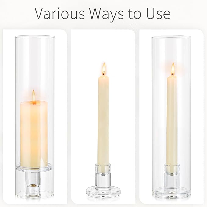 Glass Hurricane Candle Holder: 11.8" Tall Candlestick Holder with Cylinder Windproof Cover Clear Taper Candle Holders for Wedding Party Birthday Christmas Home Decor Set of 2
