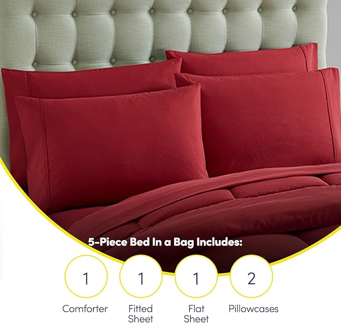 Sweet Home Collection 7 Piece Comforter Set Bag Solid Color All Season Soft Down Alternative Blanket & Luxurious Microfiber Bed Sheets, Burgundy, Twin (Pack of 4)