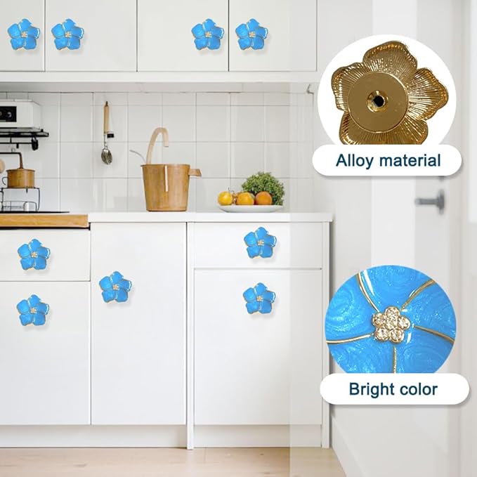 4 pcs Petal Knob Handle Unique Zinc Alloy Flower Shape Single Hole Knob Handle for Cabinets,Drawers, Wardrobes Furniture Decoration(Blue)