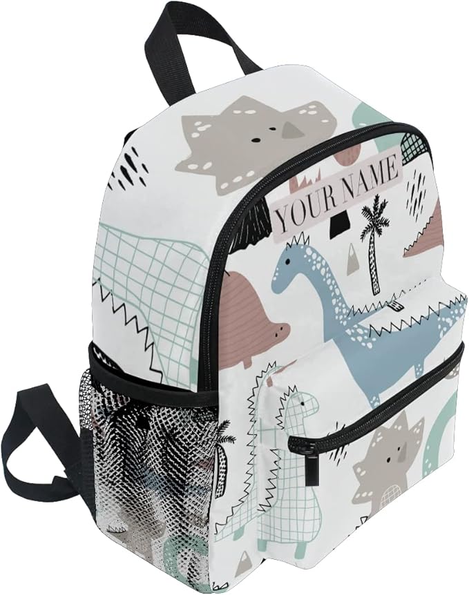 OREZI Custom Mame/Text Preschool Backpack with Chest Strap,Personalized Dino Scandinavian Style Mini Toddler Backpack Daycare Toy Bag for Boys Girls,10 x 4x 12 Inches