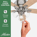 Hunter 42 inch Indoor Ceiling Fan with LED Lights and Pull Chain - Low Profile Mount Ceiling Fan, 5 Blades, For Bedroom, Living Room, or Kitchen, Quiet - Crestfield 52154, Brushed Nickel