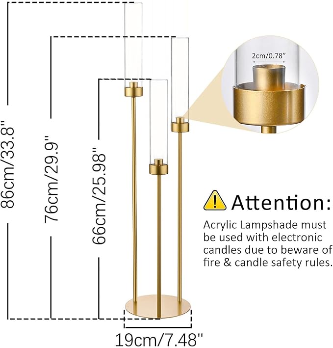 Vincidern 20pcs Gold Candelabra with Acrylic Lampshade, 3 Arm Taper Candle Holder, 33.8 in Tall Metal Candlestick for Table Centerpieces, Halloween, Christmas, Wedding Decor