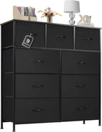 Sweetcrispy Dresser for Bedroom with 9 Storage Drawers, Tall Large Fabric Storage Tower Organizer, Chest of Drawers with Metal Frame Wooden Top for Nursery, Closet, Living Room, Entryway, Black