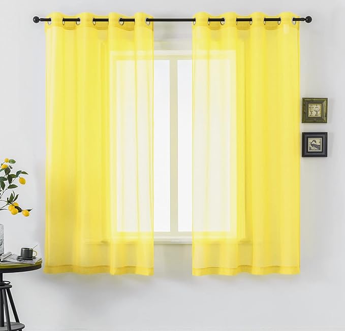 DUALIFE Bright Yellow Sheer Curtains 54 Inch Length for Kitchen 2 Panels Grommet Semi Sheer Short Curtains for Bathroom Small Windows Basement Vibrant Lemon Yellow Wide 52 by L54 Inches Long