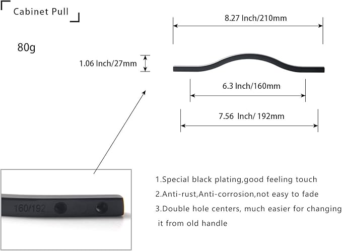 Goo-Ki Modern Handle,Minimalist Cabinet Pull,Matt Black Drawer Handle Wardrobe Cabinet Door Handle, 6.3''/7.6'' Double Hole Centers,6 Packed