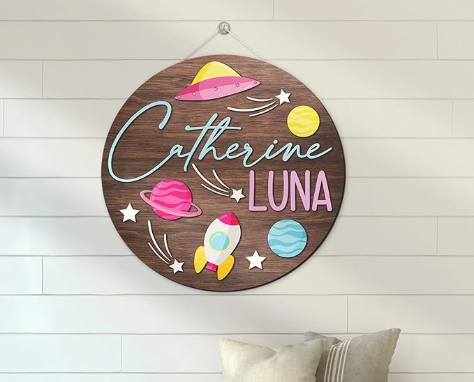 Custom Astronaut 3D Wooden Nursery Name Sign, Spaceship Sign for Kids, Baby Shower Boy Birthday Gifts, Signs for Kids Room, Kid Bedroom Decor, Personalized Baby Name Signs Door Hanging