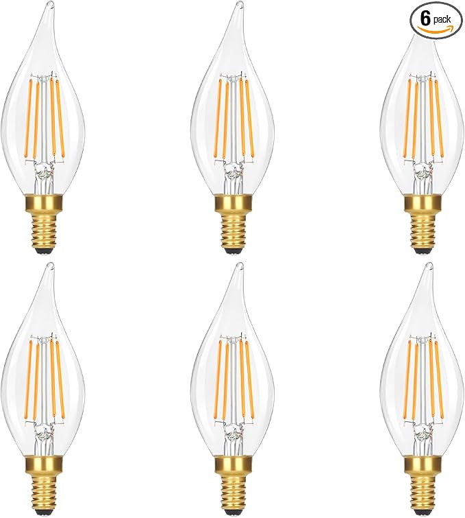 GoBright Dimmable LED Candelabra Bulbs 2700K Soft Warm White, 60W 630LM Candle Light Bulb with Vintage Flame Tip, 6W Clear Glass LED Bulbs for Chandelier, Pendant, 6-Pack
