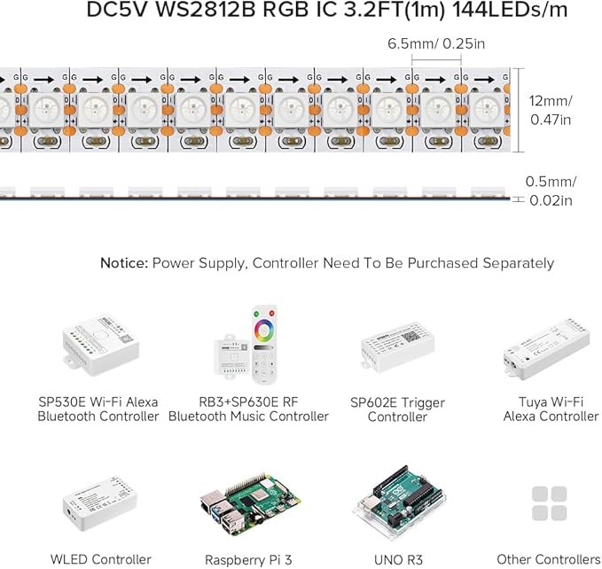 BTF-LIGHTING WS2812B RGB ECO LED Strip, Chasing Effects 5050SMD Individually Addressable 3.3FT 144(2X72) Pixels/m Flexible Dream Color IP30 for Bedroom DIY Projects DC5V(No Adapter or Controller)