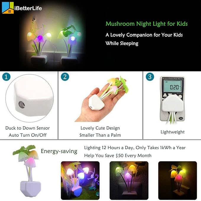 iBetterLife LED Smart Sensor 0.6W Color Changing Plug-in Night Lights for Kids Adults Cute Mushroom Bedroom Home Decor Light Wall Lamps