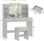 usikey Vanity Desk, Makeup Vanity Table with 10 LED Light Bulbs, Vanity Table, Vanity Desk Set with 2 Drawers, 6 Storage Shelves & Cushioned Stool for Women Girls, Bedroom, Grey