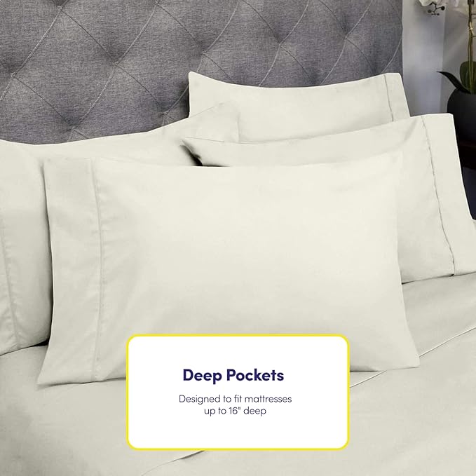 Sweet Home Collection 6 Piece Bed Sheets 1500 Supreme Collection Microfiber Deep Pocket Set-Extra Pillow Cases, Value, Queen, Ivory