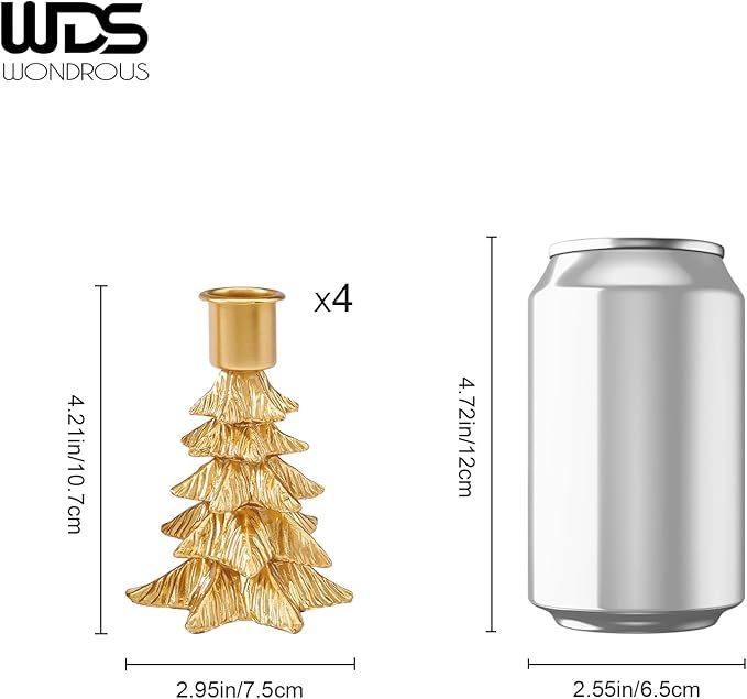 WDS WONDROUS Christmas Tree Candle Holders Set of 4 – Taper Candle Holders for Christmas Decorations, Gold Resin Candlestick Holders with Table Top, Metal, Dining Table Centerpieces & Holiday Decor
