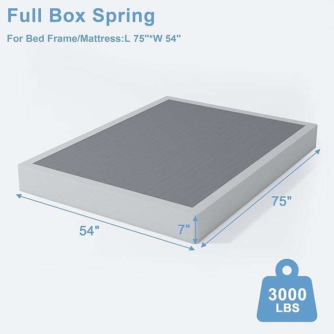 Full Box Spring - 7 Inch High Profile Box Spring for Full Bed, Sturdy Metal Frame Mattress Foundation, Easy Assembly, Quiet & Noise-Free