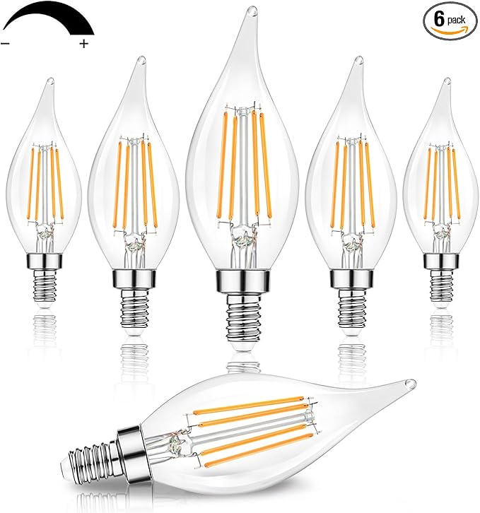 TOBUSA Dimmable E12 Candelabra LED Bulbs 60 Watt Incandescent Equivalent, 2700K Warm White, Clear LED Chandelier Light Bulbs 6W, 600lm, CA11 Vintage Ceiling Fan Light Bulbs with Flame Tip, 6-Pack