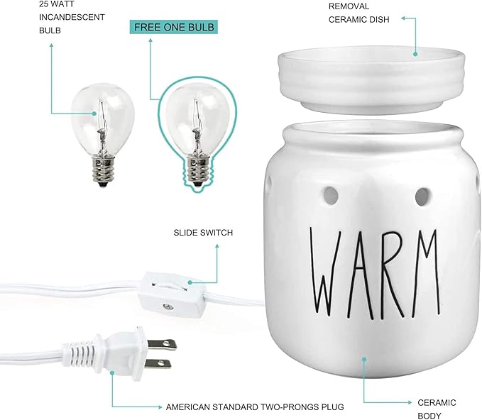 STAR MOON Rae Dunn Wax Warmer Wax Melt Warmer for Rae Dunn Inspired Decor Mason Jar Wax Warmer with Removable Dish, One More Bulb, Home Fragrance Home Decor, Glossy White (Warm)