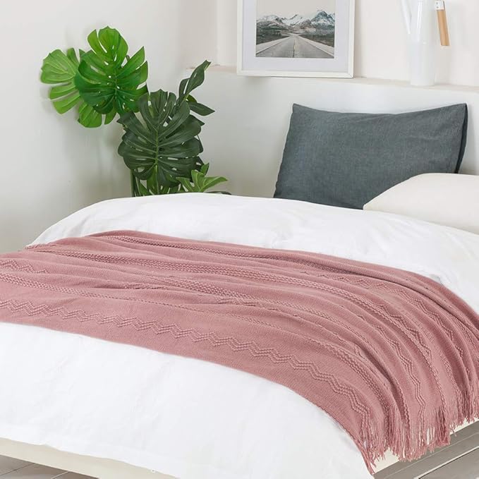 BOURINA Coral Pink Throw Blanket 50x60 Inches Throw Textured Solid Soft Sofa Couch Decorative Knit Blanket