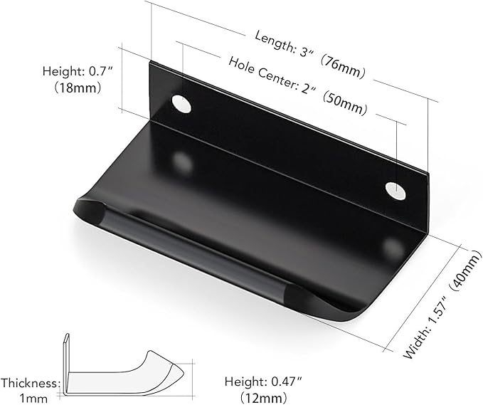 Ravinte Hardware 6 Pack Black Cabinet Handles, 3 Inch (76mm) Finger Edge Pulls, 2 Inch Hole Center, Finger Pulls for Cabinets
