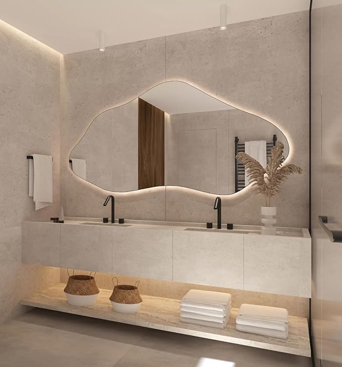 Asymmetrical Bathroom LED Mirror, Modern Irregular Shape Wall Mirror with LED Lights, Frameless Aesthetic Backlit LED Illimunated Vanity Mirror (50" x 25" inc)