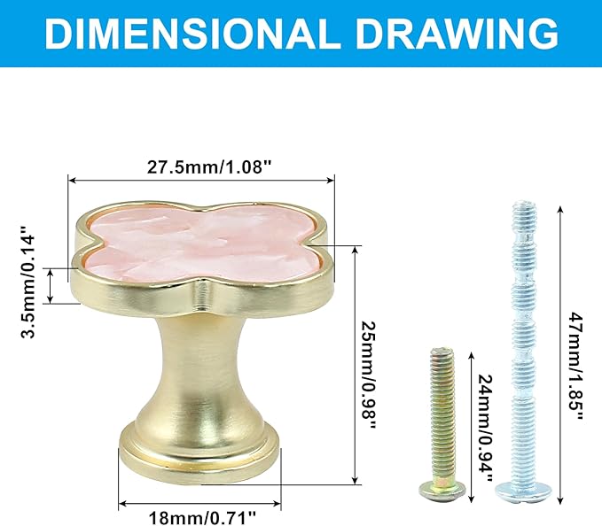 6 Pcs Four-Leaf Drawer Pulls Knobs, Gold Dresser Cabinet Knobs Pulls for Kitchen Cabinet Cupboard Door Furniture Decorative, Pink