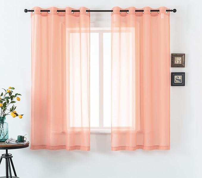 DUALIFE Coral Curtains 63 Inch Length for Girls Bedroom Decor 2 Panels Set Grommet Lightweight Gauzy Drapes Orange Coral Sheer Curtains for Living Room Kids Nursery 52x63 Inches
