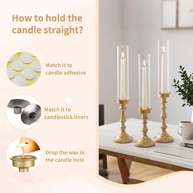 NUPTIO Hurricane Candle Holder for Centerpiece: Set of 3 Gold Candlestick Holders with Glass Shade - Vintage Taper Candleholder for Christmas Dining Table Fireplace Mantle Decor