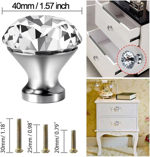 40mm Kitchen Cabinet Knobs Drawer Pull Handle Hardware, Crystal Clear Glass Round Diamond Shape Dresser Closet Bi-fold Door Bathroom Cupboard Desk Nightstand Furniture Decorative Drawer Knobs （12PCS）