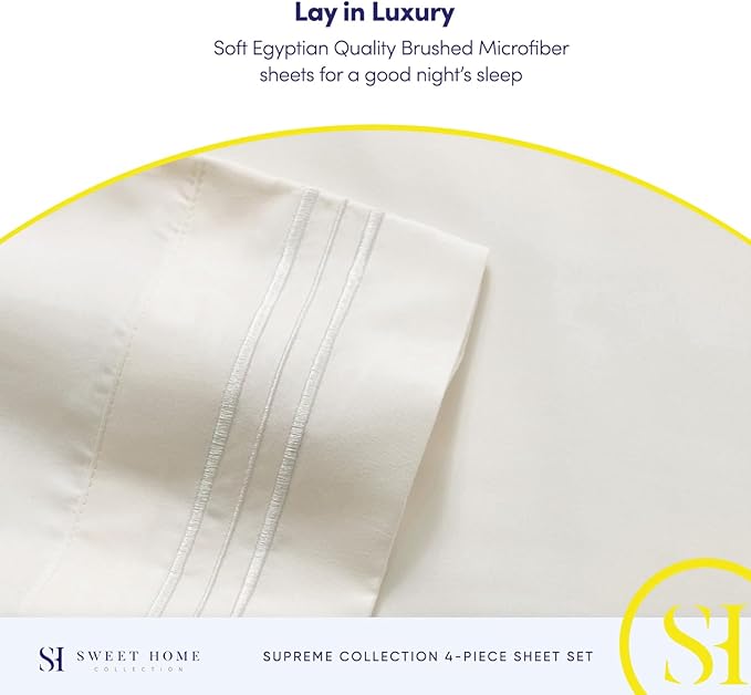 1800 Thread Count Sheet Set – Soft Egyptian Quality Brushed Microfiber Sheets – Luxury Bedding Set with Flat Sheet, Fitted Sheet, Pillow Cases, King, Ivory, Sheet Set