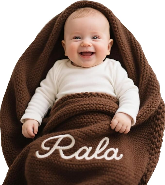 Personalized Embroidered Baby Blanket for Boys/Girls, Cotton Chunky Knit Customized Swaddle with Name, 40 * 30 inches, Handmade Receiving Nursery Blankets, Newborn, Birthday