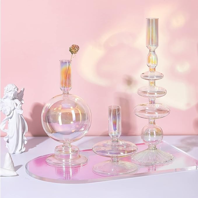 Rtteri 3 Pcs Glass Candlestick Holders Glass Candle Holders Groovy Wavy Elegant Taper Candle Stick for Wedding Home Birthday Party Christmas Halloween Decoration Windowsill Decor(Colorful)