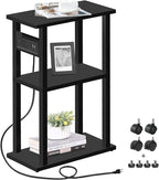 TUTOTAK Small Narrow Side Table with Charging Station, Skinny End Table for Small Spaces, Slim Nightstand with USB Ports and Outlet, Sofa Beside Table with Wheels, Black TB01BK046